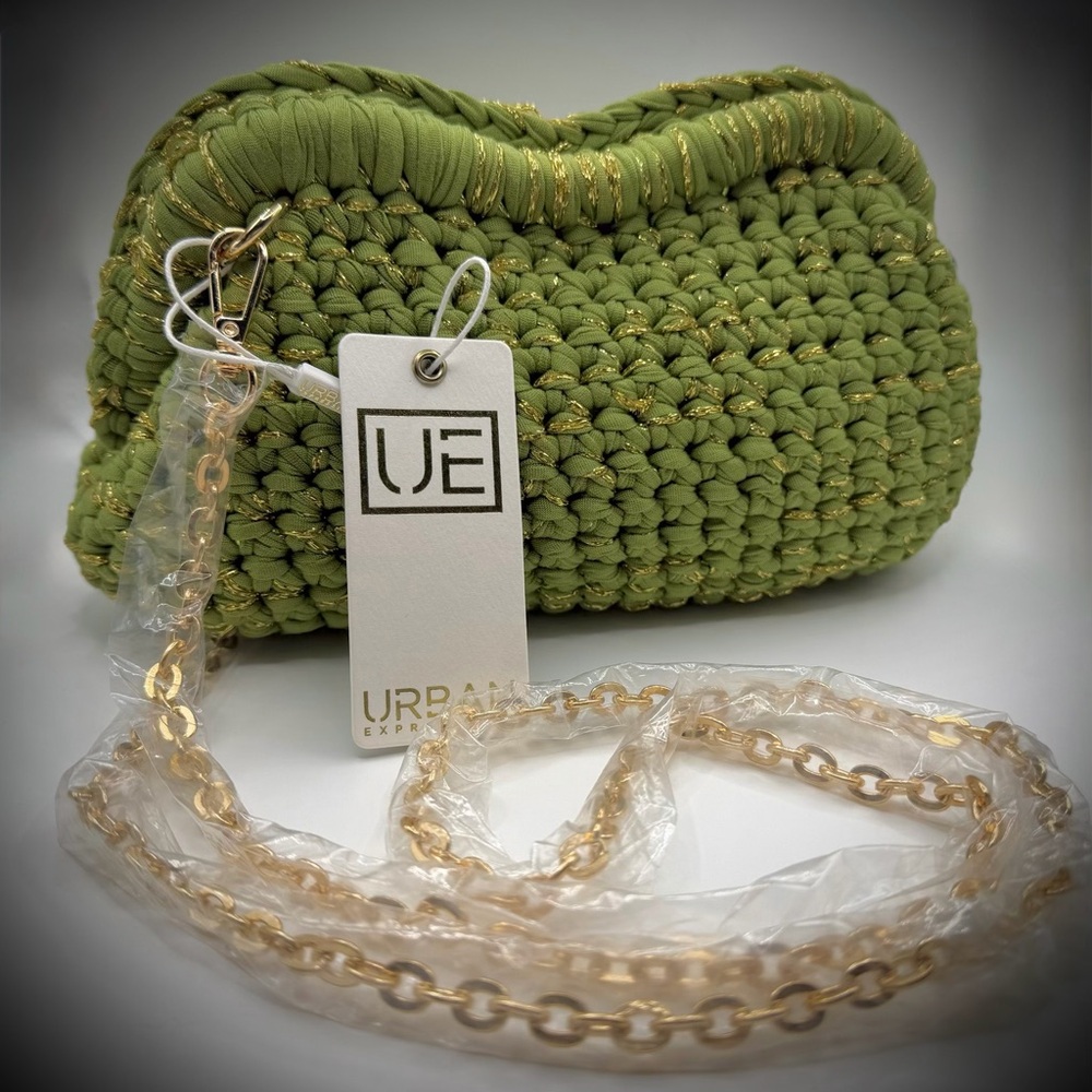 Urban Expressions-handmade crochet clutch bag-Apple Green-w/gold accents& chain